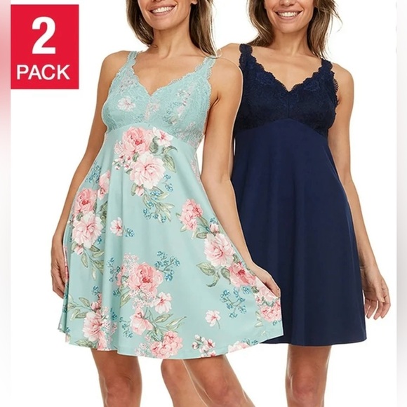 Flora Nikrooz Lace Chemise 2-Pack - Floral Green and Navy Size M - Picture 1 of 10